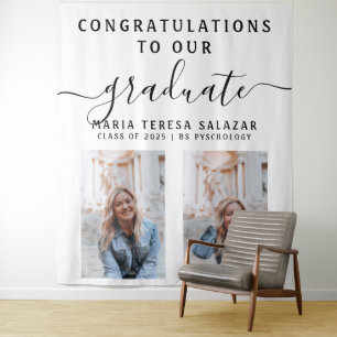 Simple Script Calligraphy Two Photo Graduation Tapestry