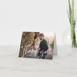 Simple script casual three photo wedding thank you card