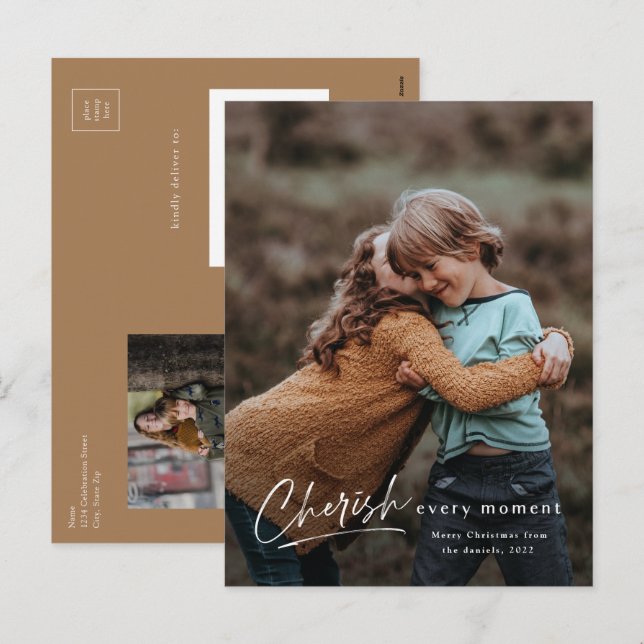 Simple Script Cherish Every Moment Photo Christmas Holiday Postcard (Front/Back)