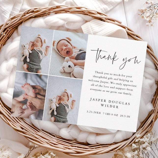 Simple Script Collage Baby Photo Thank You Card (Modern script photo collage baby thank you cards.)