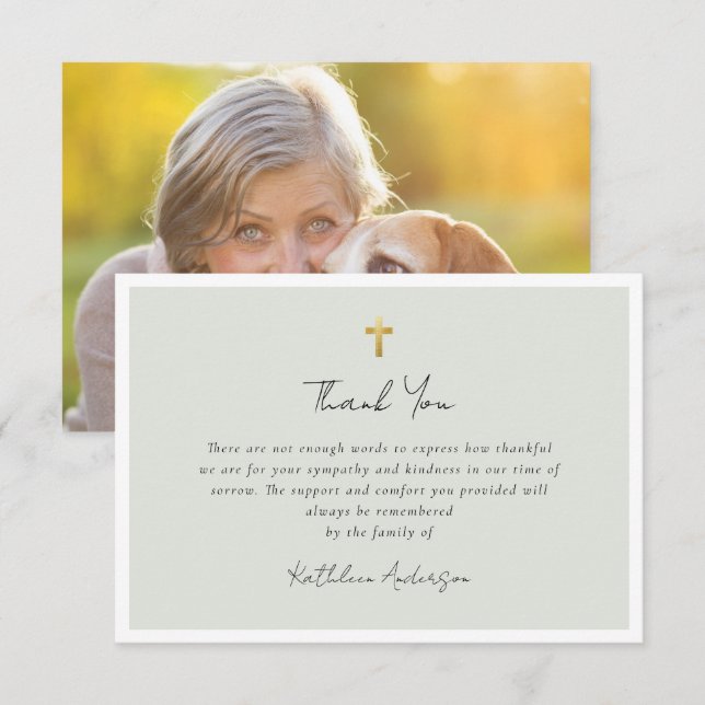 Simple Script Cross Sympathy Funeral Photo Thank You Card (Front/Back)