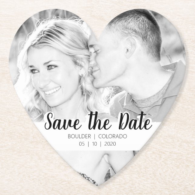 Simple Script Cutout | B&W Save the Date Paper Coaster (Front)