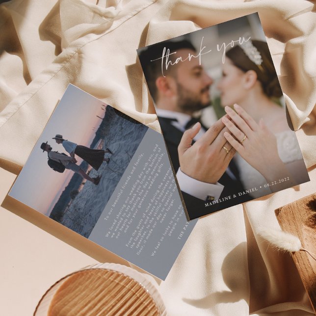 Simple Script Dusty Blue with Photo Wedding  Thank You Card (Creator Uploaded)