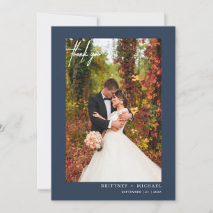 Simple Script Dusty Navy Modern Photo Thank You Card