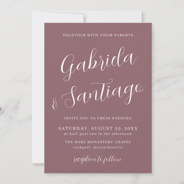 Simple Script Dusty Purple and White Wedding Invitation (Front)