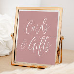 Simple Script Dusty Rose Wedding Cards and Gifts Poster<br><div class="desc">This charming wedding sign features the phrase "Cards and Gifts" in white script on a soft dusty rose background, offering a delicate and refined touch to your celebration. Personalize the sign with optional custom text, such as your names, wedding date, or a thank-you message, to make it uniquely yours. While...</div>