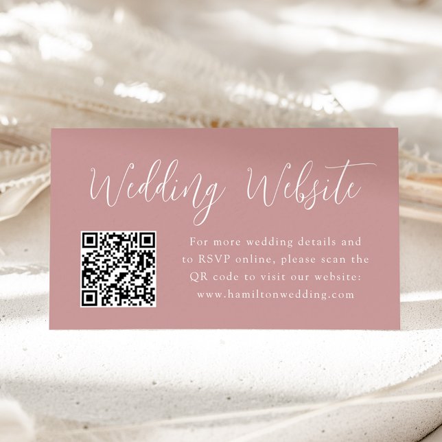 Simple Script Dusty Rose Wedding Website QR Code Enclosure Card (Creator Uploaded)