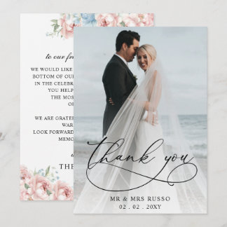 Simple Script Elegant Blush Floral Photo Wedding Thank You Card