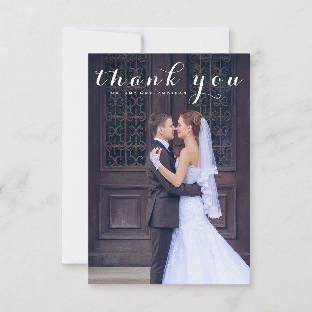 Simple Script Elegant Vertical Photo Wedding Thank You Card (Front)