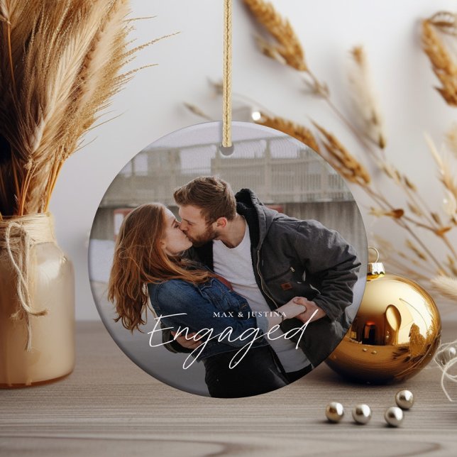 Simple Script Engaged 2 Photo Wedding Engagement Ceramic Tree Decoration (Modern script engaged couples 2 photo wedding engagement christmas tree holiday ornament.)