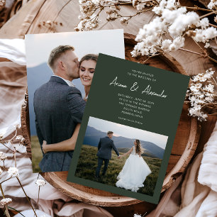 Simple Script Forest Green Two Photo Wedding Invitation
