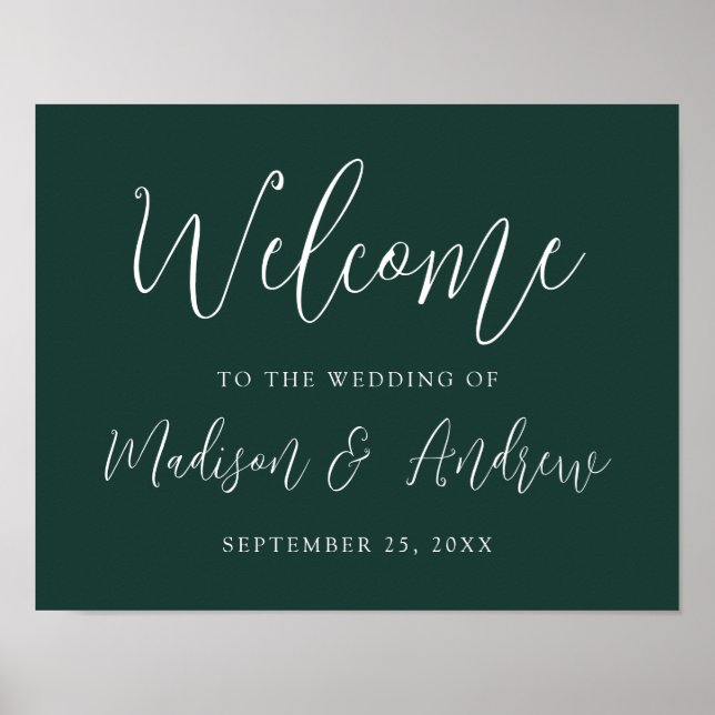 Simple Script Forest Green Wedding Welcome Poster (Front)