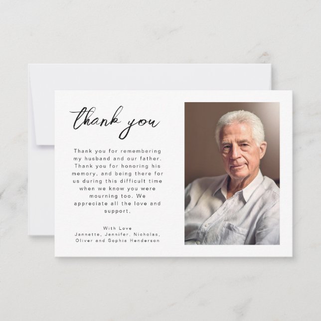 Simple Script Funeral Photo Thank You Card (Front)
