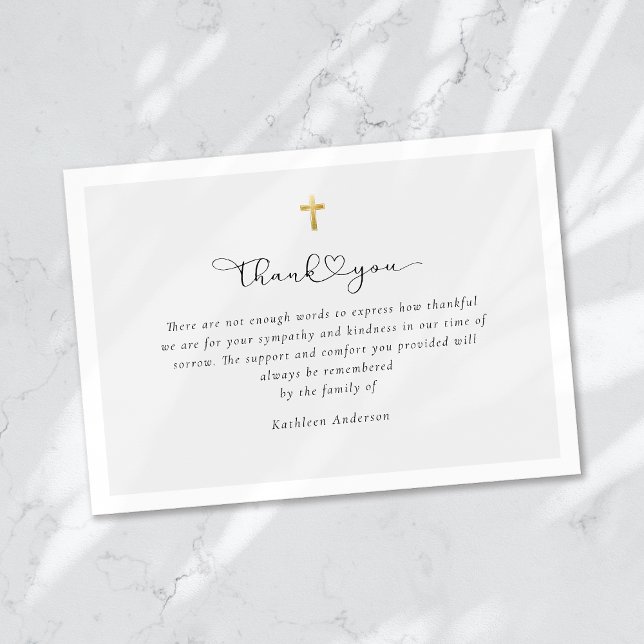 Simple Script Gold Cross Sympathy Funeral  Thank You Card (Creator Uploaded)