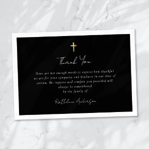 Simple Script Gold Cross Sympathy Funeral  Thank You Card