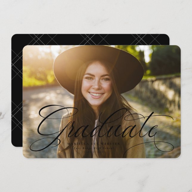 Simple script graduate black and white graduation announcement (Front/Back)