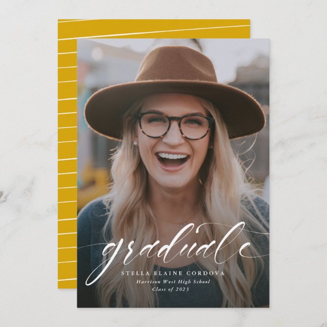 Simple script graduate one-photo gold announcement (Front/Back)