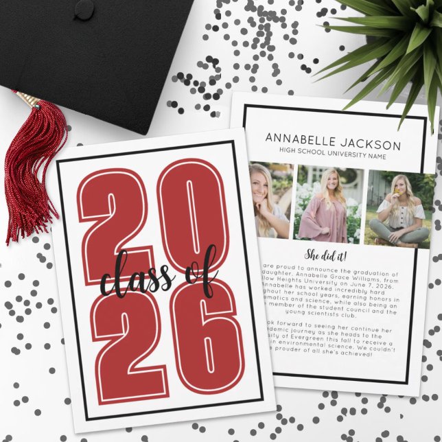 Simple Script Graduate Photo Red Graduation Announcement (Simple Script Graduate Photo Red Graduation Announcement)