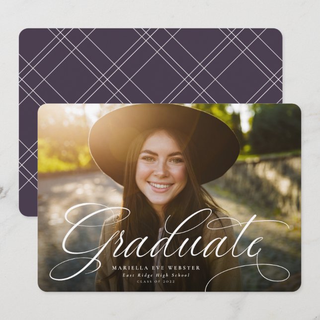 Simple script graduate plum purple graduation announcement (Front/Back)
