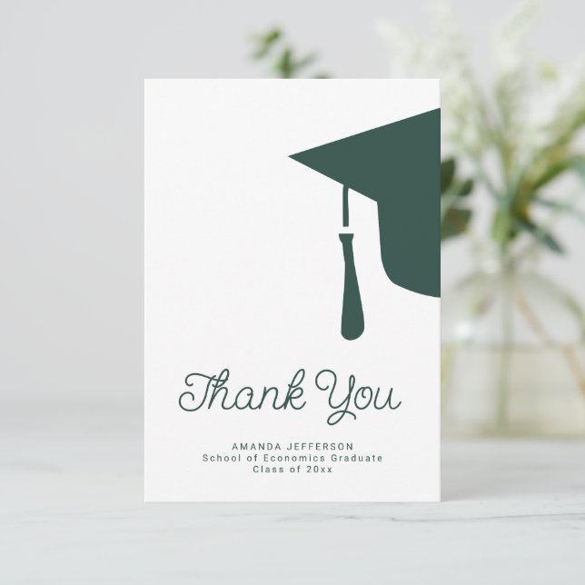 Simple script graduation cap personalised thank you card (Standing Front)