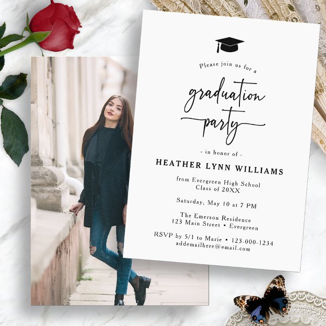 Simple Script Graduation Invitation (Simple Black White Script Graduation Party Invitation with Photo by Painted Paperie
)