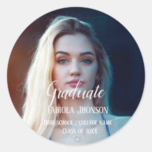 Simple script graduation photo  balloon classic round sticker