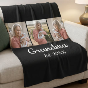 Simple Script Grandma Est. 3 Photo Year Fleece Blanket