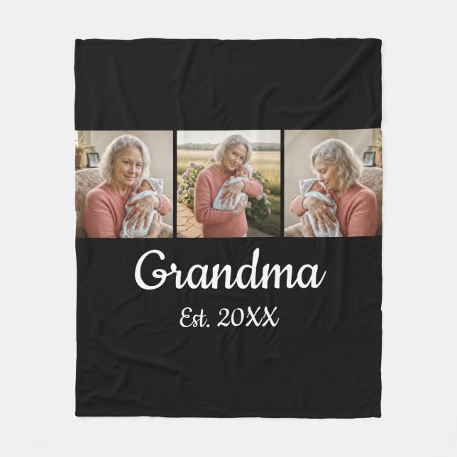 Simple Script Grandma Est. 3 Photo Year Fleece Blanket (Front)