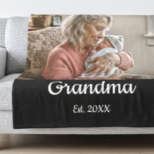 Simple Script Grandma Est.Photo Year Black Fleece Blanket