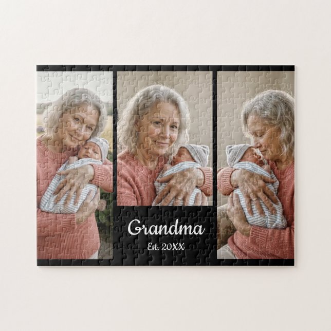  Simple Script Grandma Year Est. 3 Photo Acrylic Jigsaw Puzzle (Horizontal)