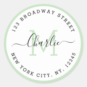 Simple script green border monogram return address classic round sticker