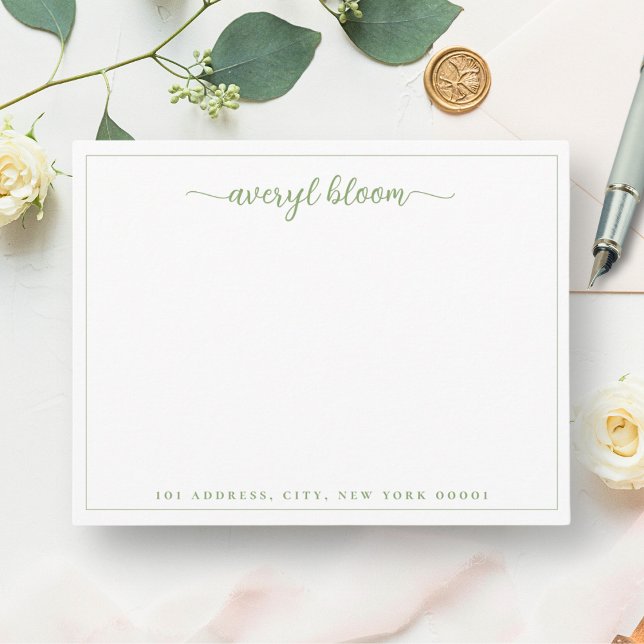 Simple Script Green Border Personalised Stationery Card (Creator Uploaded)