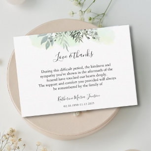 Simple Script Greenery Sympathy Funeral   Thank You Card
