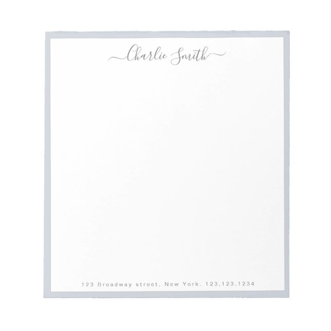 Simple script grey border personalised stationery notepad (Front)