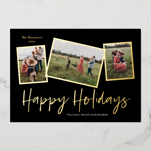 Simple Script Happy Holidays 3 Photo Collage Gold Foil Holiday Card (Front)