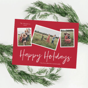Simple Script Happy Holidays 3 Photo Collage Holiday Card