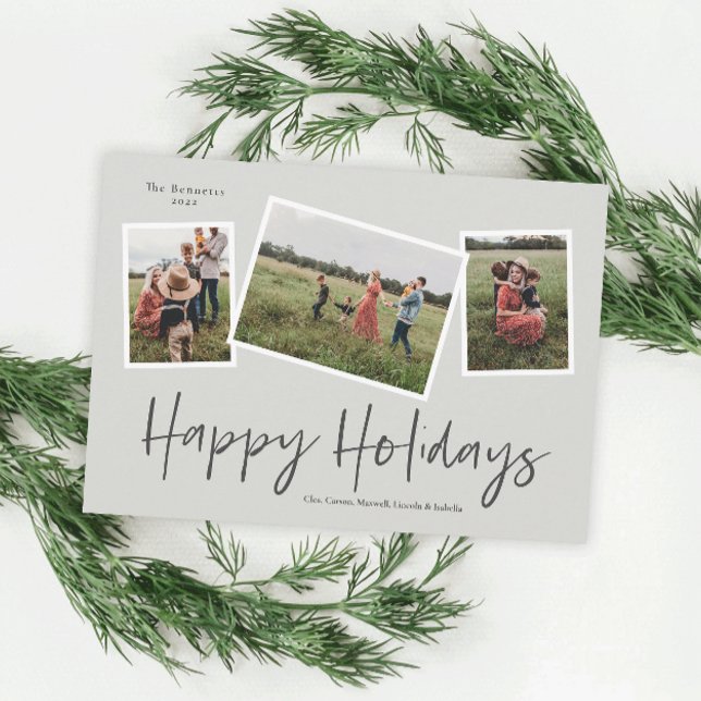 Simple Script Happy Holidays 3 Photo Collage Holiday Card (Creator Uploaded)