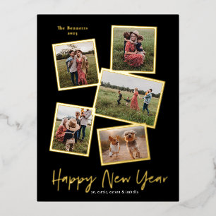 Simple Script Happy New Year 3 Photo Collage Gold Foil Holiday Postcard