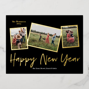 Simple Script Happy New Year 3 Photo Collage Gold Foil Holiday Postcard