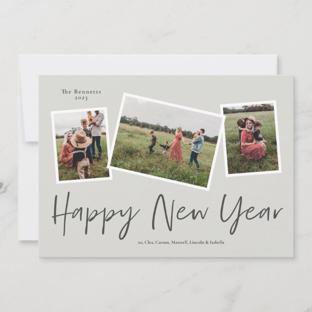 Simple Script Happy New Year 3 Photo Collage Holiday Card (Front)