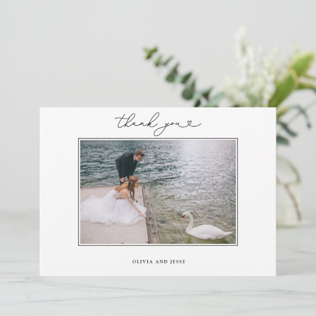 Simple Script Heart Thank You Wedding Photo Card (Standing Front)