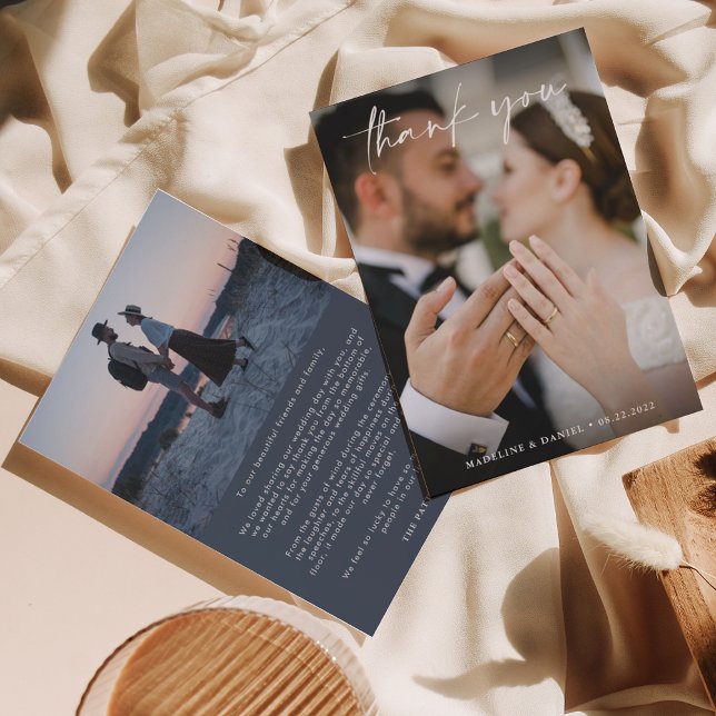 Simple Script Ivory Dark Blue with Photo Wedding Thank You Card (Creator Uploaded)
