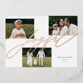 Simple Script Joyful Greeting 3 Photo Foil Holiday Card
