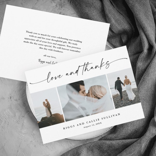 Simple Script Love and Thanks 3  Photo Wedding  Thank You Card (Elegant script love and thanks black and white modern 
 minimal wedding photo thank you card.)