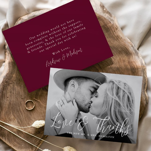 Simple Script Love and Thanks Burgundy Wedding Thank You Card (Creator Uploaded)