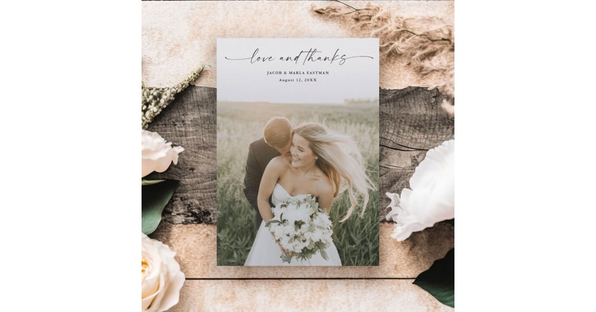 Simple Script Love and Thanks Photo Wedding Thank You Card | Zazzle