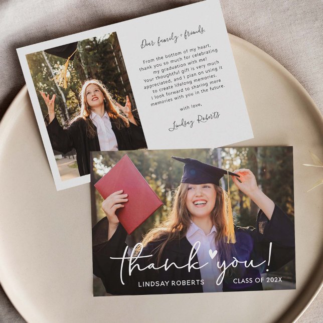 Simple Script Love Heart Graduation Photo Thank You Card (Creator Uploaded)