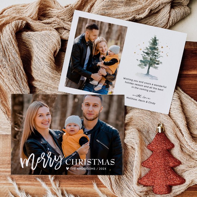 Simple Script Love Heart Merry Christmas 2 Photo Holiday Card (Creator Uploaded)