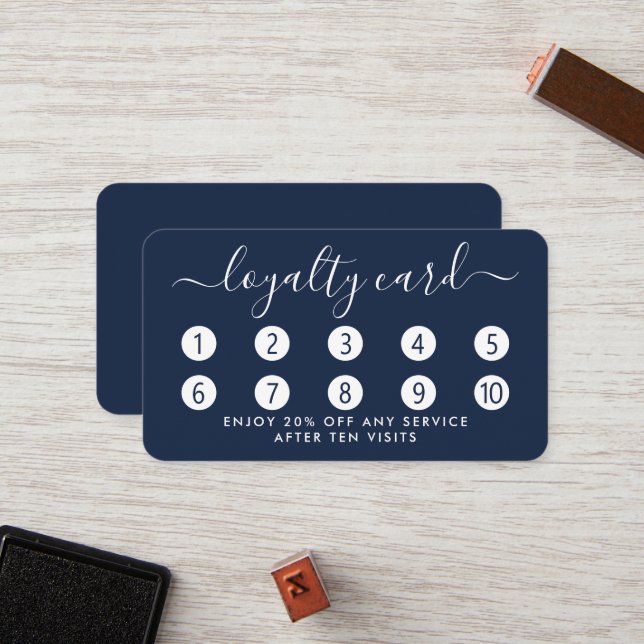 Simple Script Loyalty Card - Navy Blue & White (Front/Back In Situ)