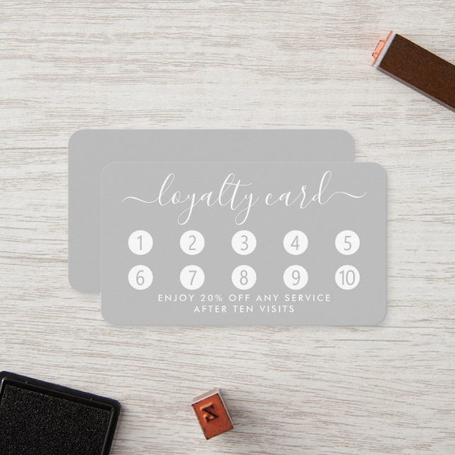 Simple Script Loyalty Card - Silver & White (Front/Back In Situ)